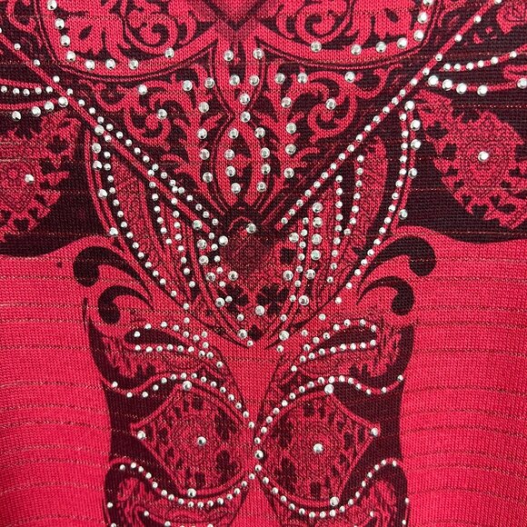 ONE WORLD Top Womens 2X Red Studded Metallic Tattoo Stencil 3/4 Sleeve Plus New - Picture 8 of 13